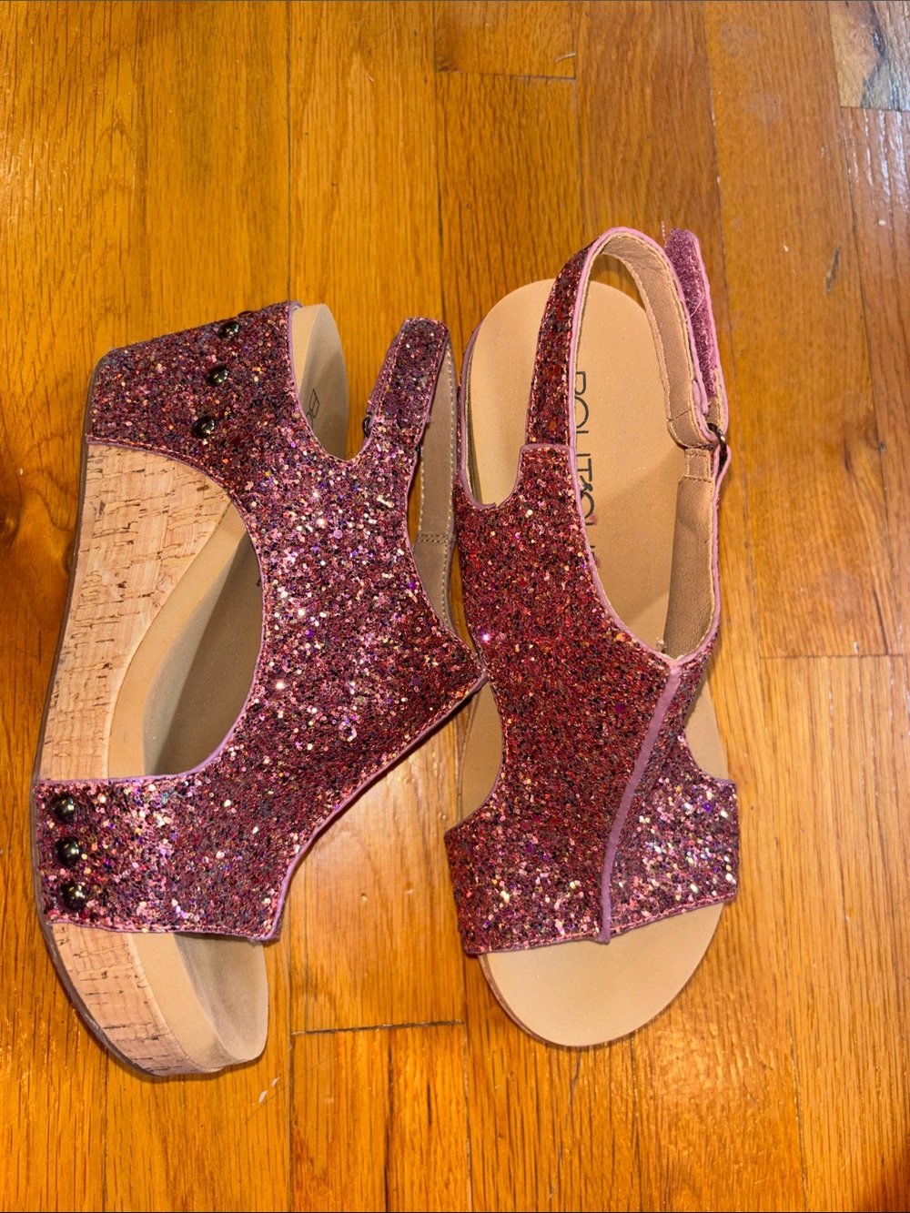 Corky’s Boutique Pink Glitter Velcro Closure Slingback Wedge Sandals - Pink 6